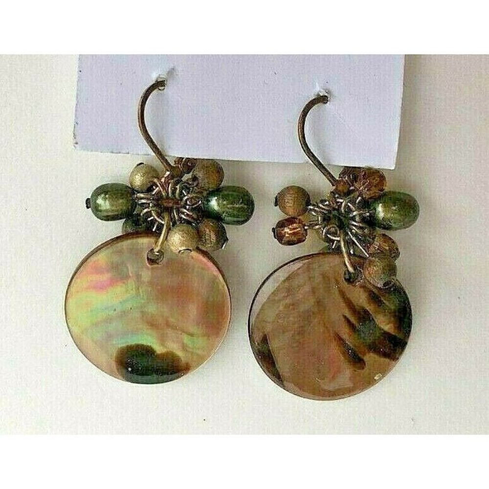 Bronze MOP Disc Fringe Dangle Earrings Faux Seed Pearl Wood Glass Brass Beads - Picture 1 of 2
